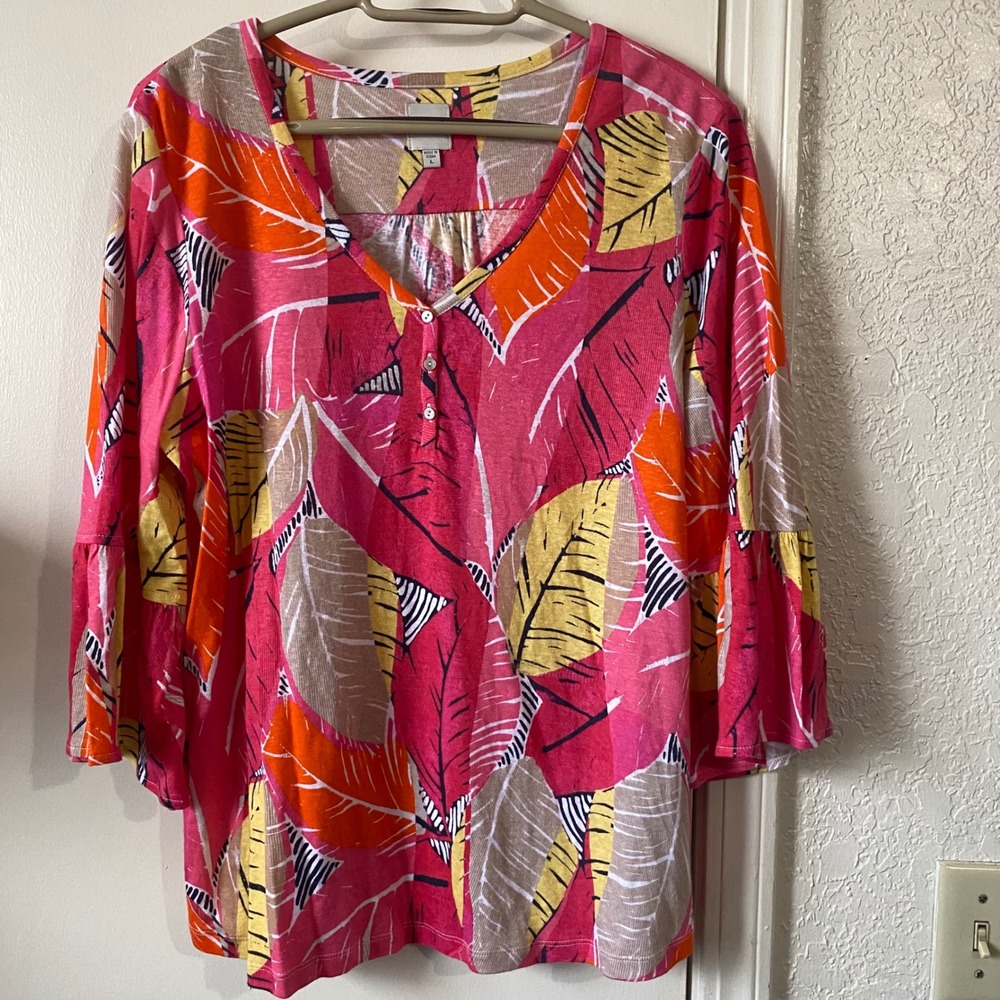 Nic+Zoe Womens Linen blend Tropical Leaf Print Henley Bell Sleeve Top Large